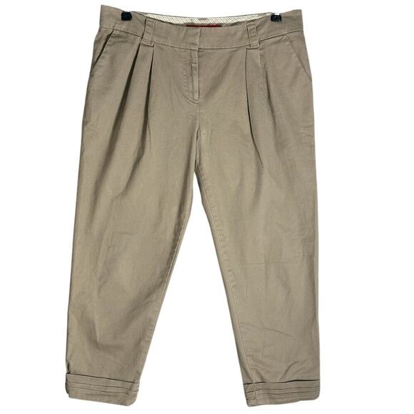 Cartonnier Sz 4 Crop Cuffed Pleated Chinos Khaki Stretchy Trouser Neutral Anthro - Picture 1 of 11